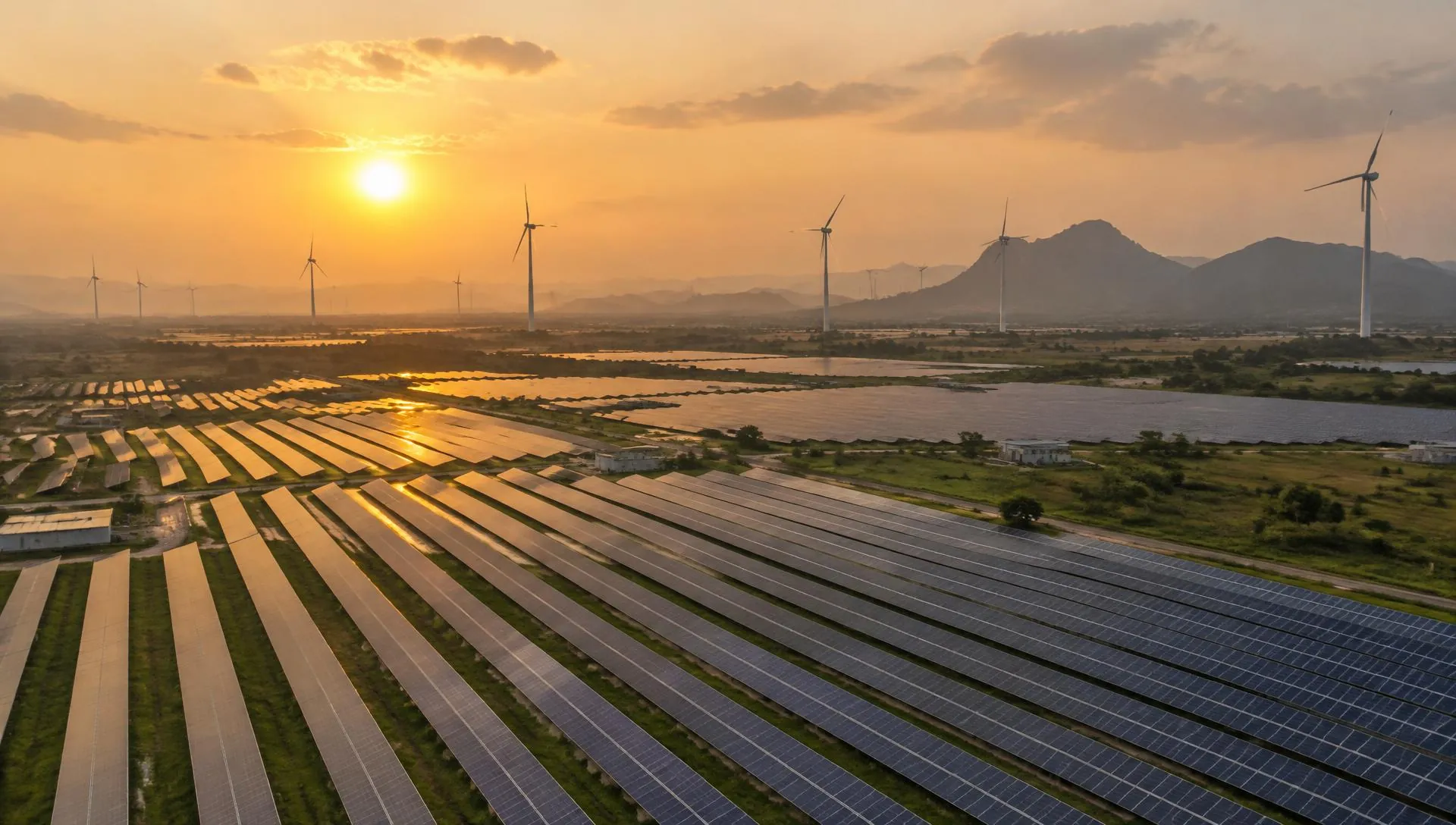 Solar power plant with wind turbines on the horizon